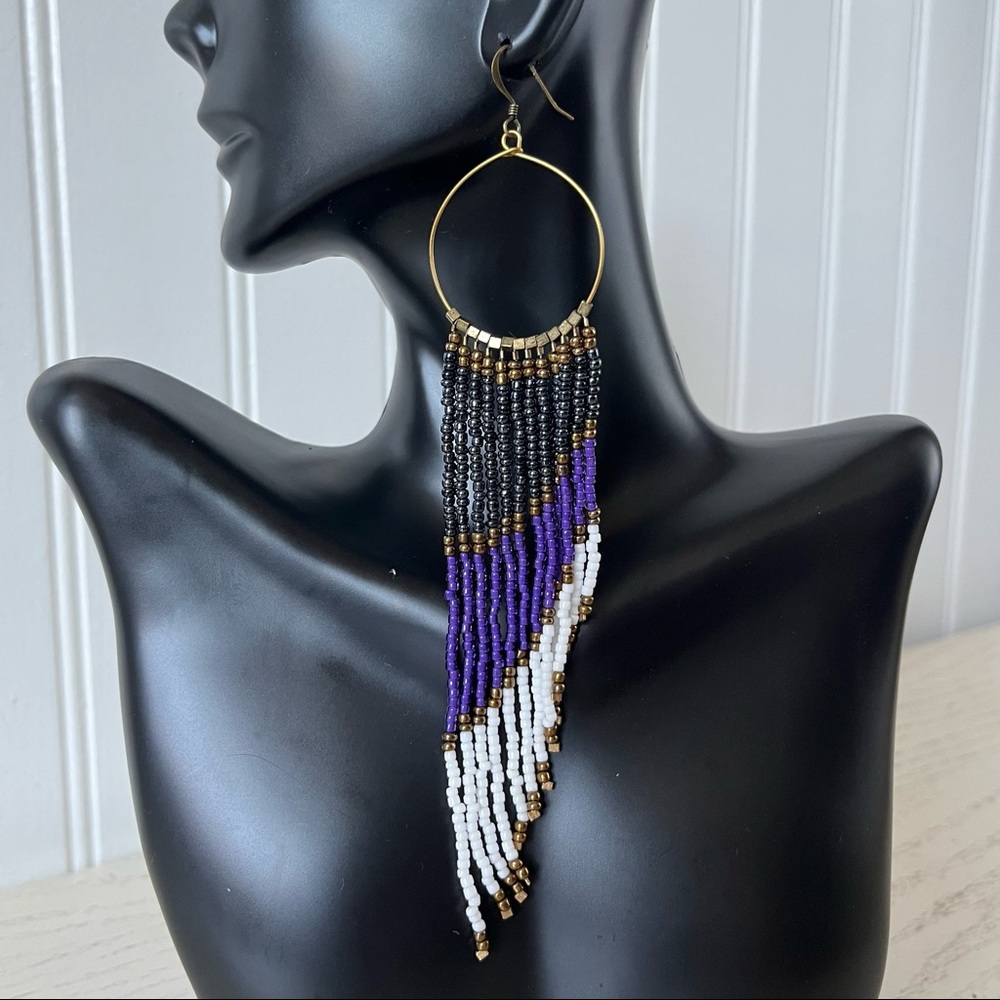 Black, purple, white & brass seed bead earrings